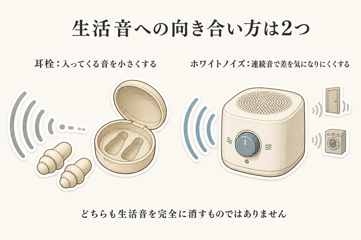 生活音への向き合い方を、耳栓は入ってくる音を小さくする方法、ホワイトノイズは連続音を流して生活音との差を気になりにくくする方法として対比し、どちらも生活音を完全に消すものではないと示す図