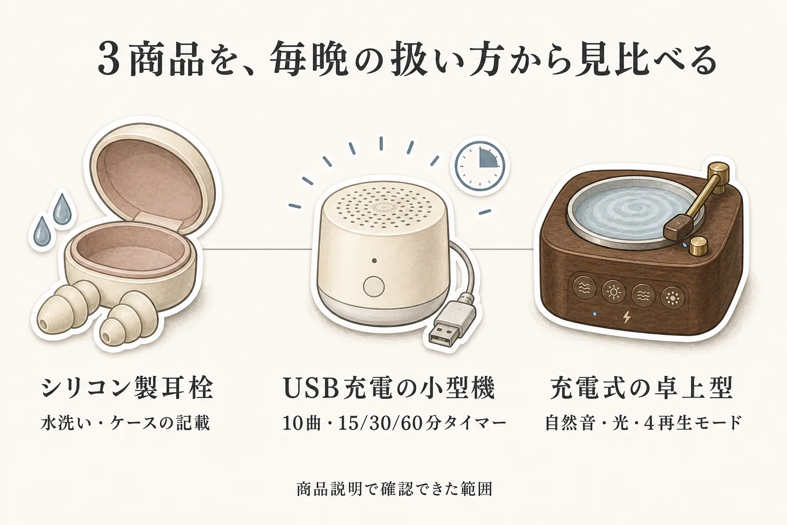 3商品の毎晩の扱い方を比較し、シリコン製耳栓は水洗いとケースの記載、USB充電の小型機は10曲と15・30・60分タイマー、充電式の卓上型は自然音・光・4再生モードを確認点として示す図
