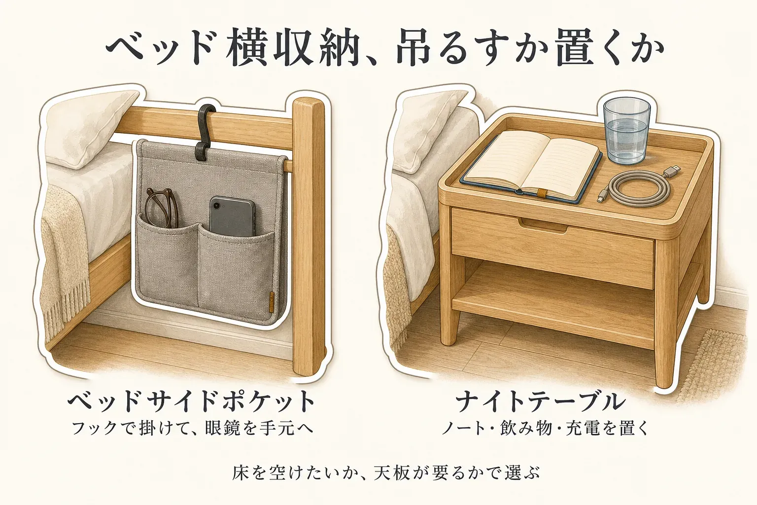 ベッドサイドポケットはベッドフレームへフックで掛け、眼鏡とスマートフォンを手元に置く様子、ナイトテーブルは天板に記録ノート・飲み物・充電ケーブルを置く様子を並べ、床を空けたいか天板が必要かで選ぶことを示す図