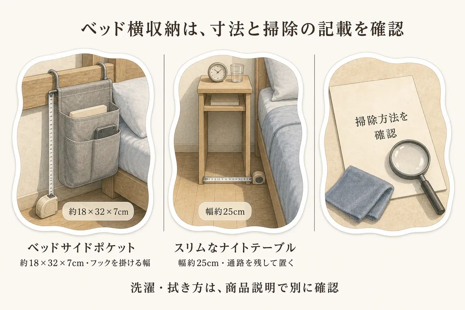ベッドサイドポケットは約18×32×7cmとフックを掛ける幅を測り、スリムなナイトテーブルは幅約25cmと通路を残して置くこと、どちらも洗濯・拭き方は商品説明で別途確認することを示す図