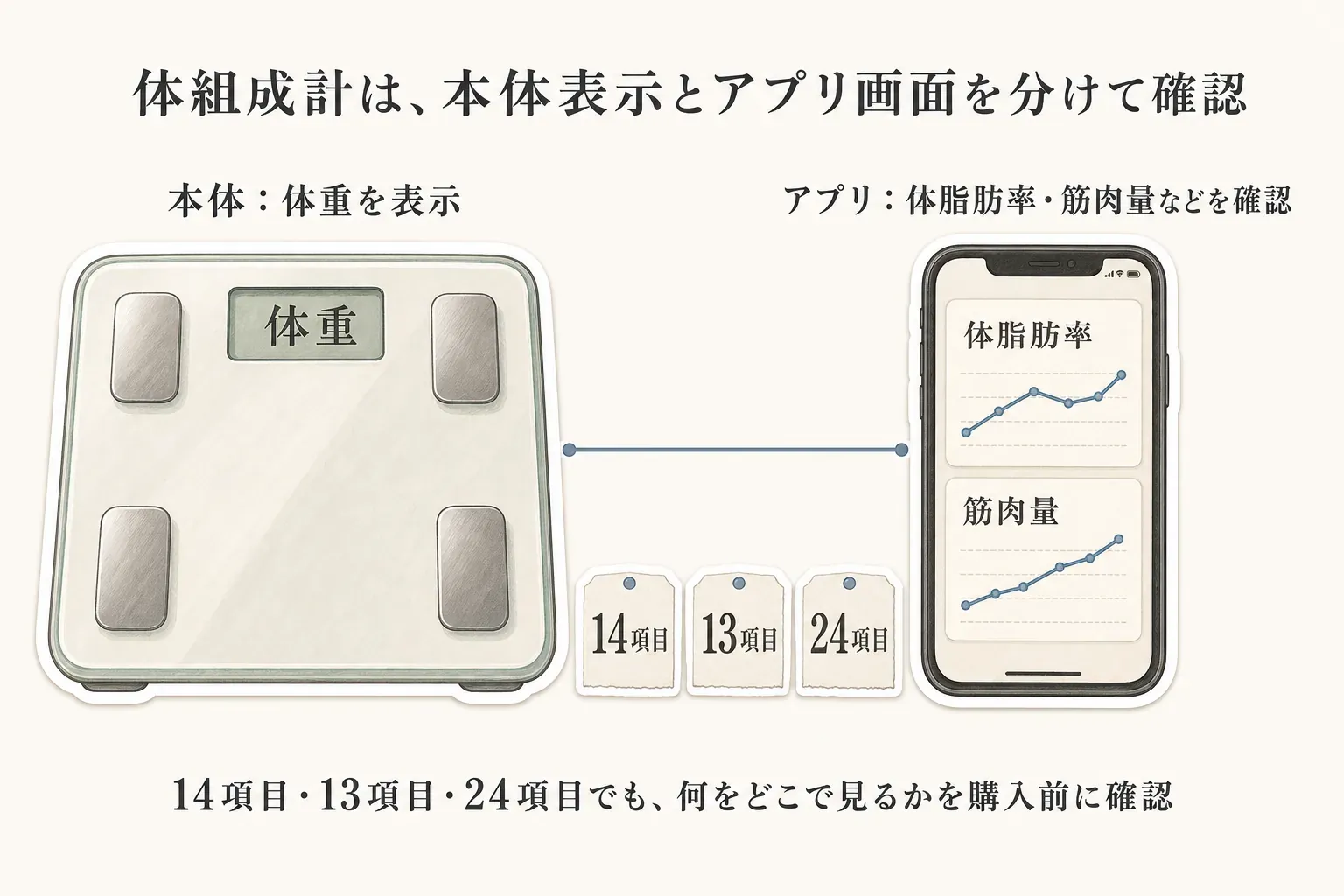 体組成計の本体には体重を表示し、アプリでは体脂肪率と筋肉量の推移を確認する構成を、14項目・13項目・24項目の測定項目数とともに示す図
