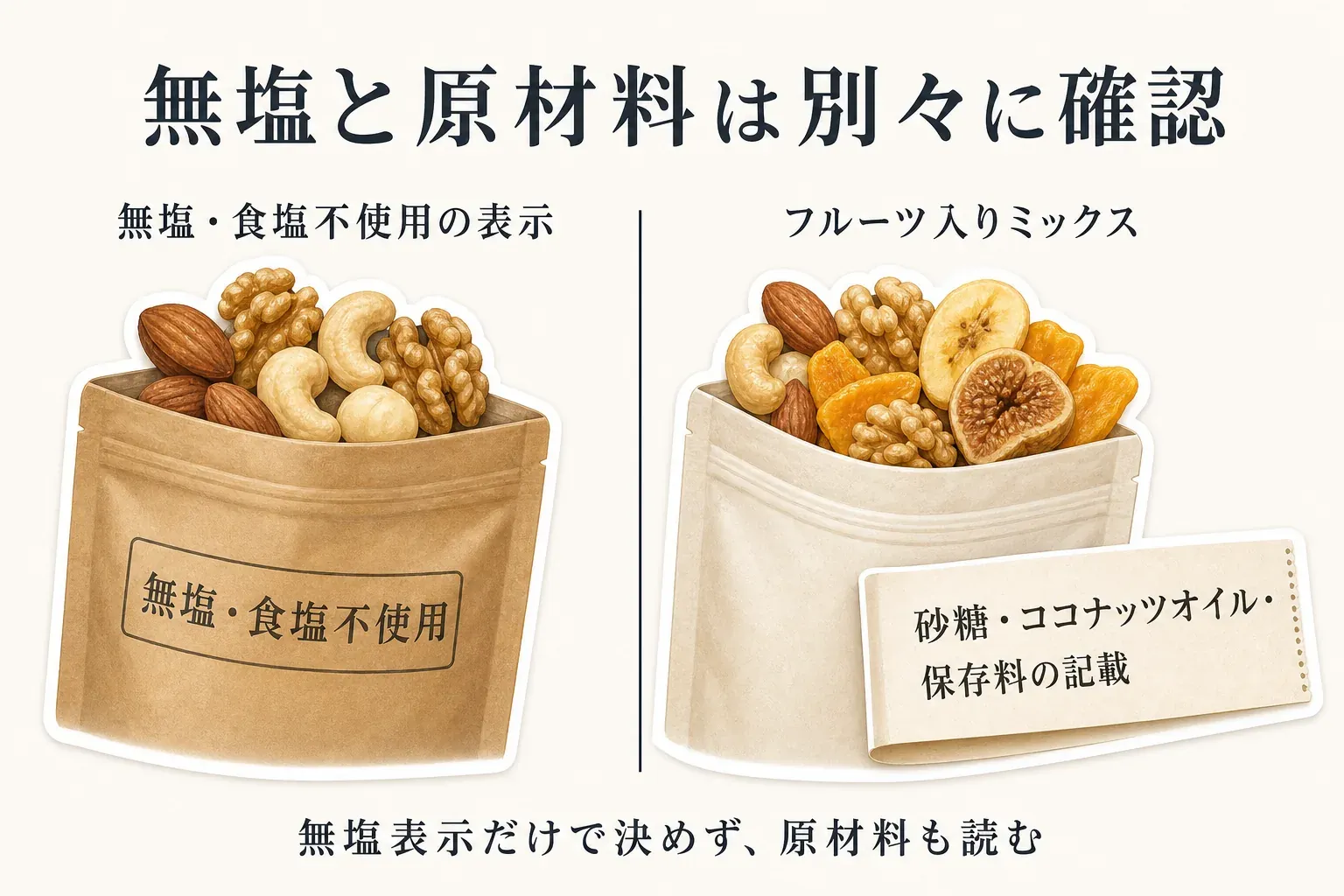 無塩・食塩不使用の表示があるナッツと、マンゴー・いちじく・バナナチップスを組み合わせ、砂糖・ココナッツオイル・保存料の記載を確認するフルーツ入りミックスを対比し、無塩表示だけでなく原材料も読むことを示す図
