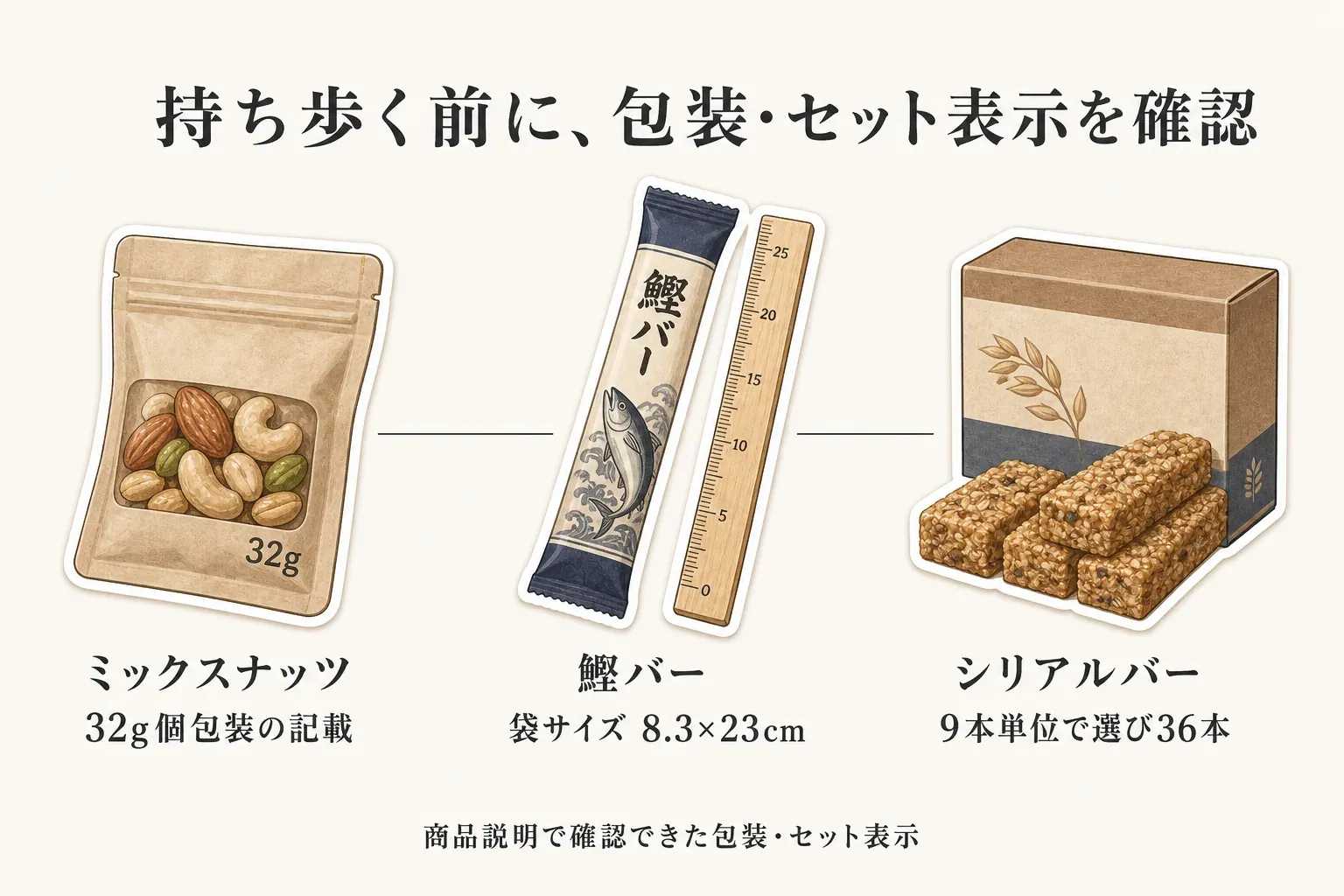 持ち歩く前に確認する包装・セット表示として、32g個包装のミックスナッツ、袋サイズ8.3×23cmの鰹バー、9本単位で選び36本にするシリアルバーを示す図