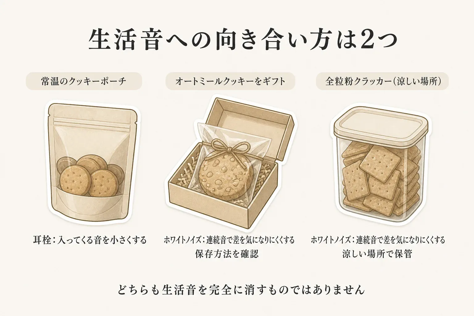 生活音への向き合い方は2つと題した図。常温のクッキーポーチ、ギフト包装のオートミールクッキー、涼しい場所で保管する全粒粉クラッカーを並べ、保存方法の確認を示している。