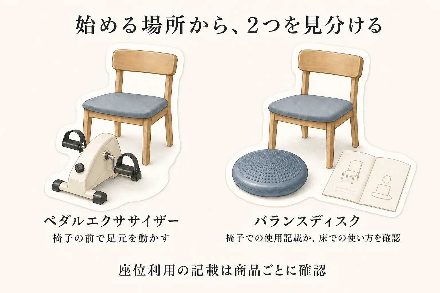 ペダルエクササイザーは椅子の前で足元を動かし、バランスディスクは椅子での使用記載または床での使い方を確認する、始める場所の違いを示す図。座位利用の記載は商品ごとに確認する