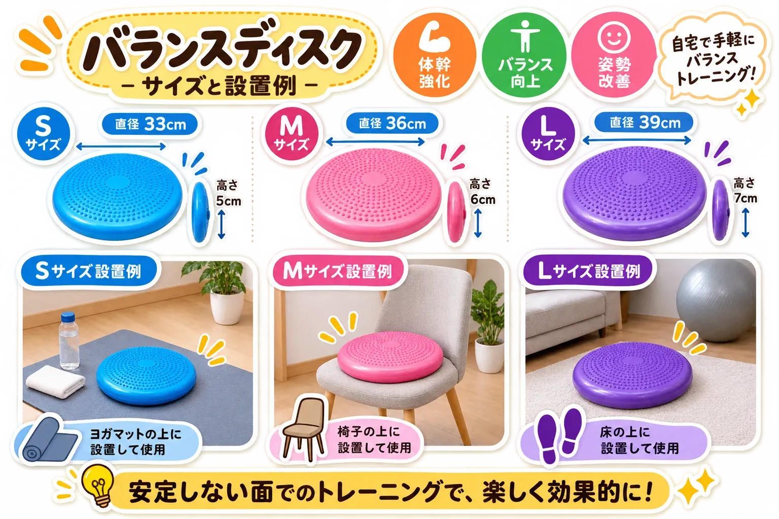 バランスディスクの設置例を、直径33cm・高さ5cmのSサイズはヨガマット上、直径36cm・高さ6cmのMサイズは椅子の上、直径39cm・高さ7cmのLサイズは床の上として示し、サイズと置き場所を確認する図