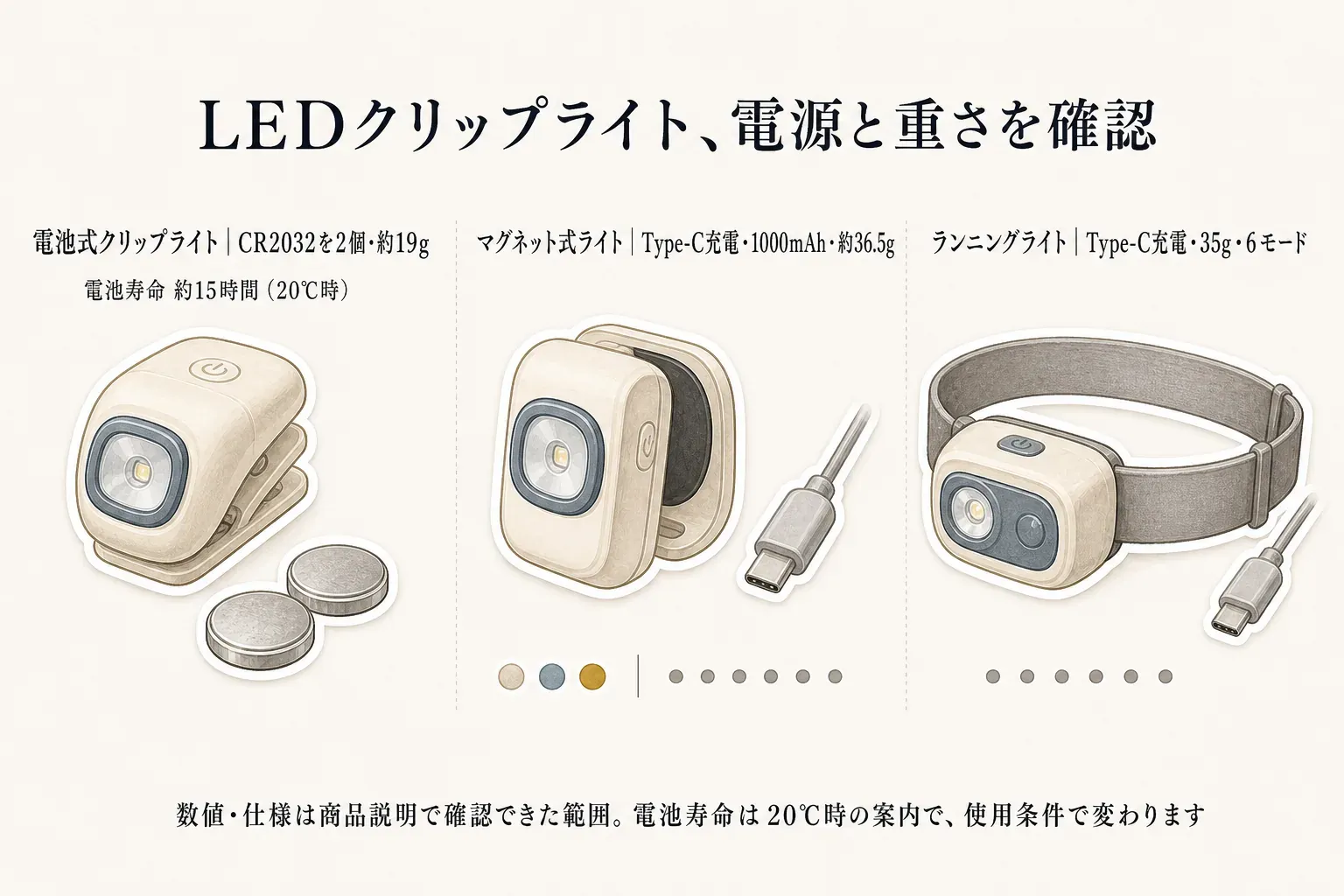 LEDクリップライト3商品の電源と重さを比較した図。電池式クリップライトはCR2032を2個・約19g・20℃時の電池寿命約15時間、マグネット式ライトはType-C充電・1000mAh・約36.5g、ランニングライトはType-C充電・35g・6モードと示し、数値や仕様は商品説明で確認できた範囲で電池寿命は使用条件で変わると注記している