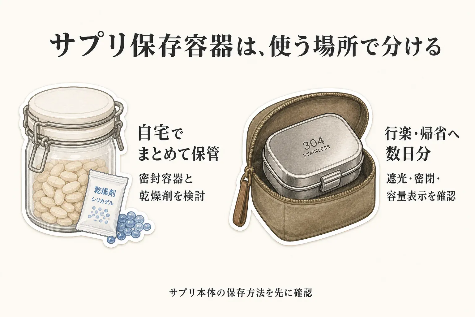 サプリ保存容器を使う場所で分ける図。自宅では密封容器と乾燥剤でまとめて保管し、行楽・帰省では数日分を遮光・密閉・容量表示を確認した携帯用ケースへ入れること、どちらもサプリ本体の保存方法を先に確認することを示す
