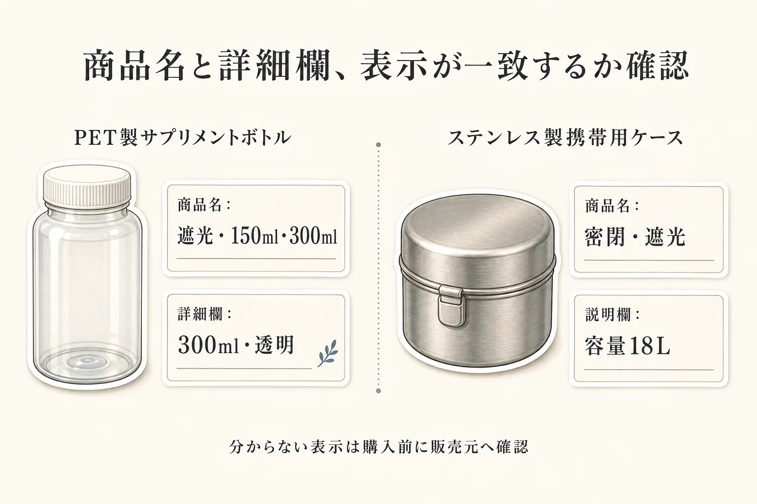 商品名と詳細欄の表示を照合する図。PET製サプリメントボトルは商品名の遮光・150ml・300ml表記と詳細欄の300ml・透明表記、ステンレス製携帯用ケースは商品名の密閉・遮光表記と説明欄の容量18L表記を並べ、不明な表示は購入前に販売元へ確認することを示す