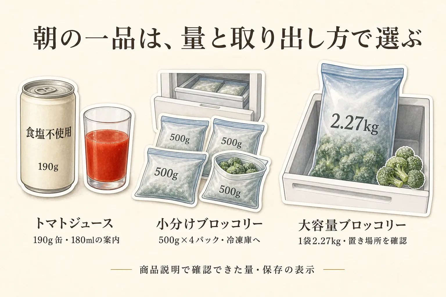 朝食の一品を、190g缶・180mlの案内がある食塩不使用トマトジュース、500g×4パックを冷凍庫へ置く小分けブロッコリー、1袋2.27kgで置き場所を確認する大容量ブロッコリーとして、量と取り出し方で比較した図。商品説明で確認できた量・保存の表示に基づく