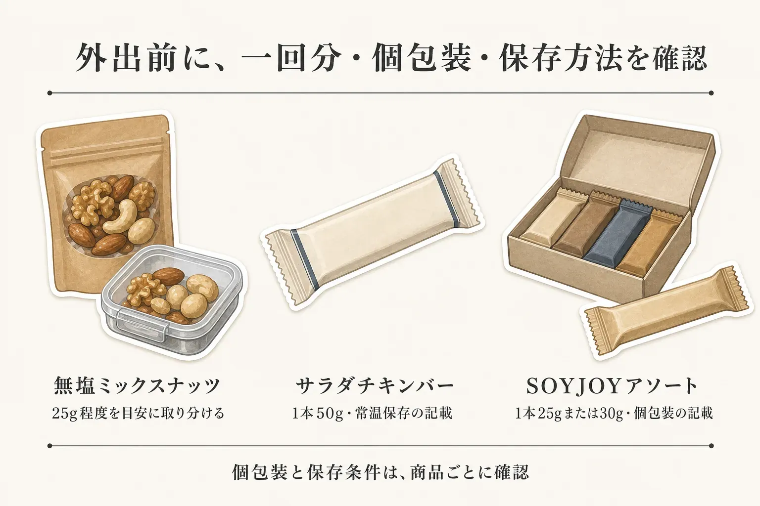 外出前に一回分・個包装・保存方法を確認する例として、無塩ミックスナッツは25g程度を容器へ取り分け、サラダチキンバーは1本50gで常温保存の記載、SOYJOYアソートは1本25gまたは30gで個包装の記載を示す図