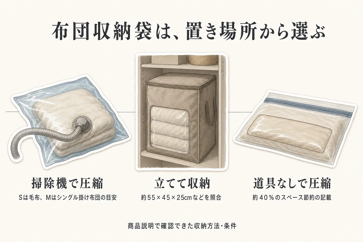 布団収納袋を置き場所から選ぶ3つの方法を示す図。掃除機で圧縮する袋はSが毛布・Mがシングル掛け布団の目安、立てて収納する袋は約55×45×25cmなどの寸法を照合、道具なしで圧縮する袋は約40％のスペース節約という商品説明の記載を示す