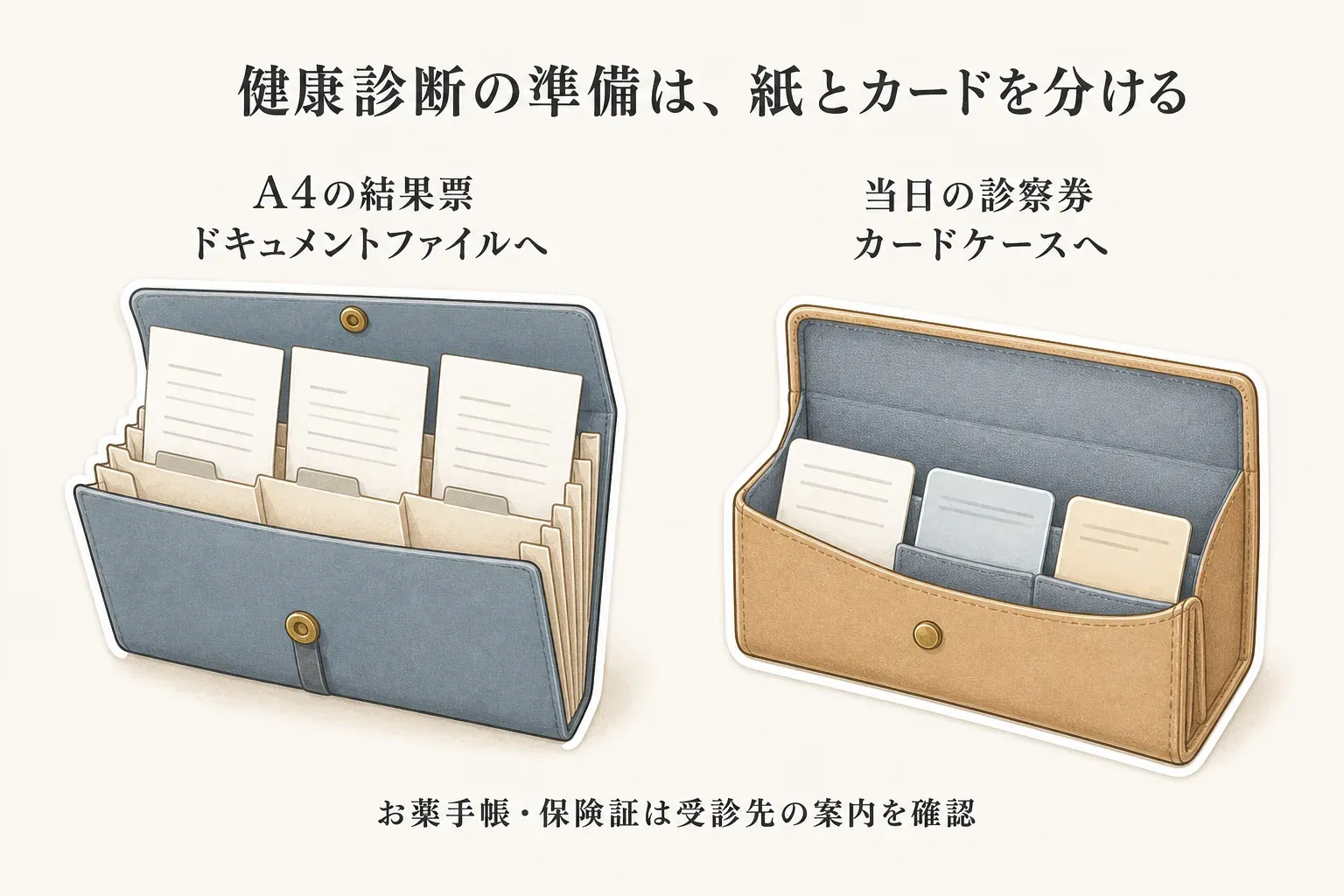 健康診断の準備では、A4の結果票をドキュメントファイルへ、当日の診察券をカードケースへ分け、お薬手帳・保険証は受診先の案内を確認する流れを示す図