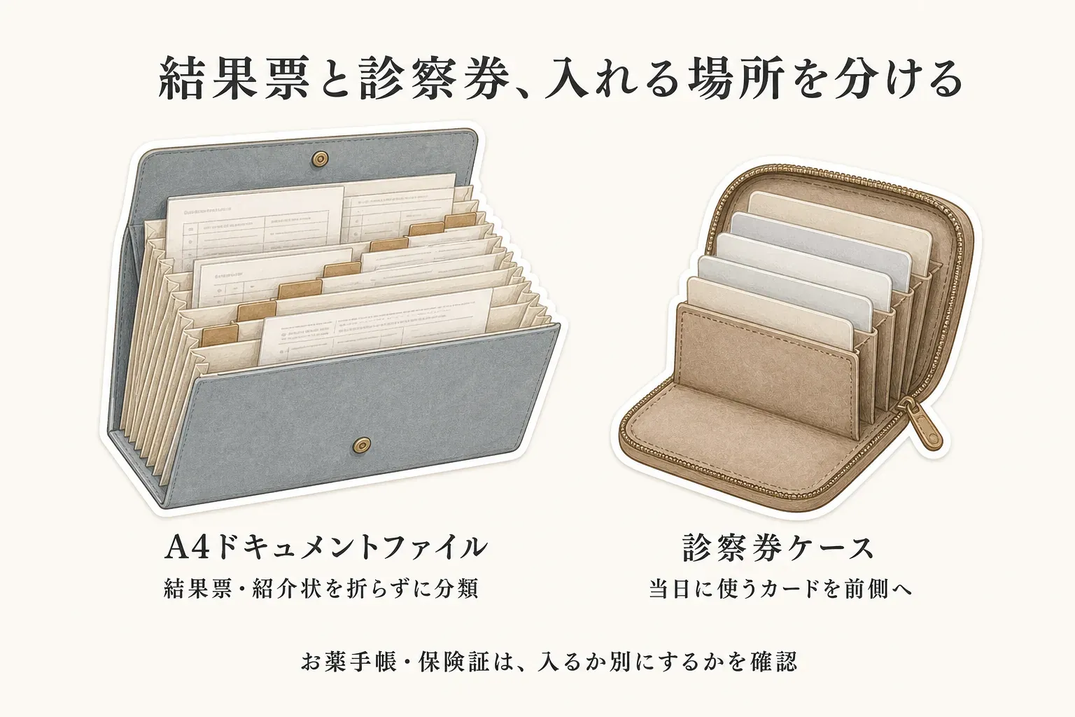 結果票や紹介状はA4ドキュメントファイルで折らずに分類し、診察券ケースには当日に使うカードを前側へ入れ、お薬手帳・保険証は入るか別にするか確認する役割分担を示す図