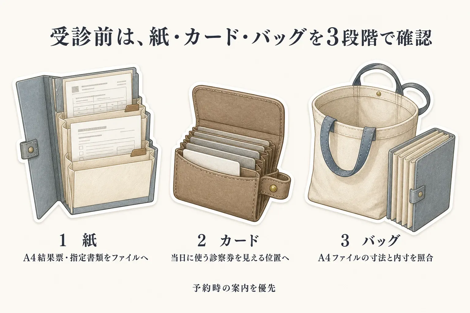 受診前に、A4結果票・指定書類をファイルへ入れ、当日に使う診察券を見える位置へ置き、A4ファイルの寸法とバッグの内寸を照合する紙・カード・バッグの3段階チェックを示す図。予約時の案内を優先する